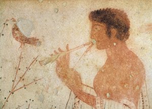 Detalhe, de, músico, tocando, um, dobro, flauta, de, a, túmulo, de, a, triclinium, c.470, bc, (wall, painting)